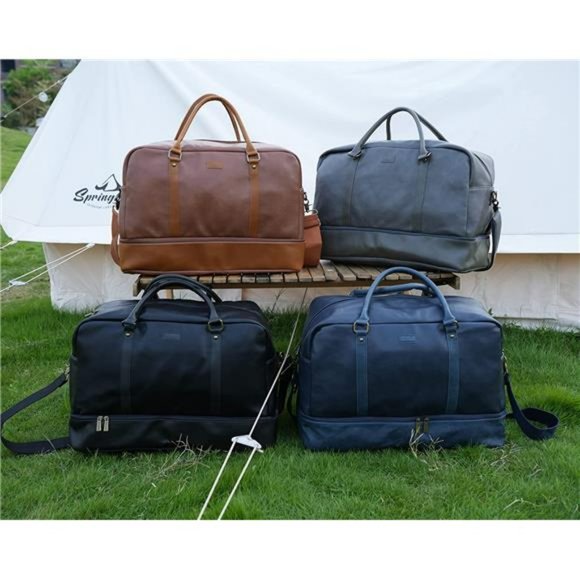 Leather Large Travel Duffel Tote Bag Carry On With Shoe Compartment (Black) - Picture 14 of 14